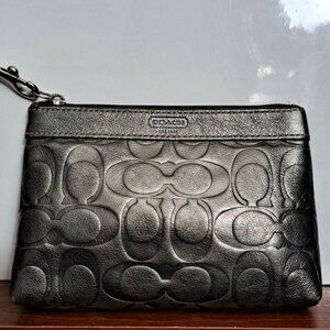 Authentic Coach Signature Embossed Metallic Silver/Gunmetal Leather Wristlet